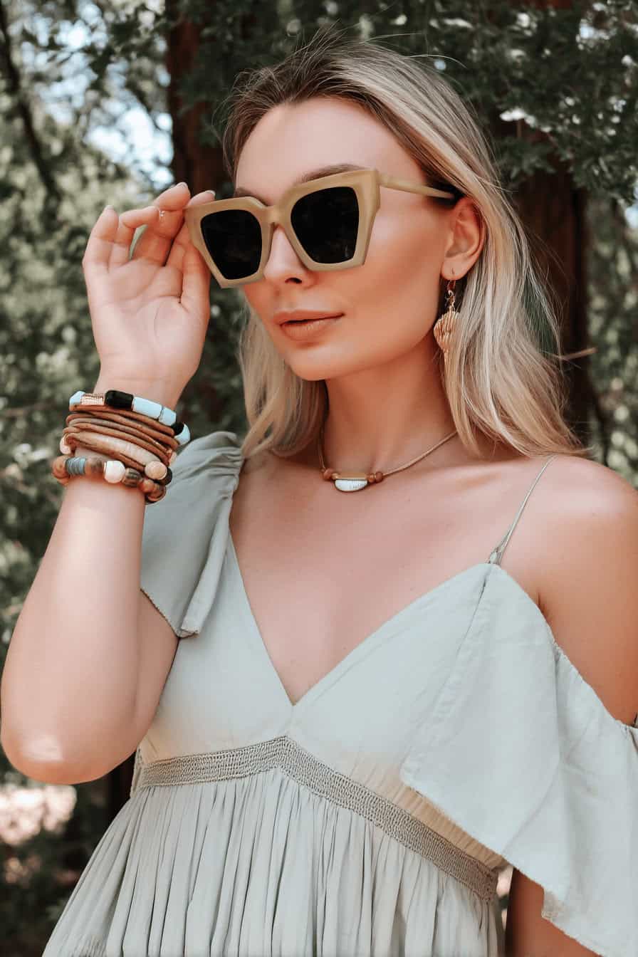 Frau mit grünen Oversized Sonnenbrillen und Sommeroutfit im Freien