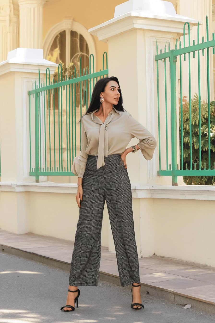 Frau in eleganter Palazzo-Hose und Bluse, posiert vor Gebäude mit Gitterzaun.