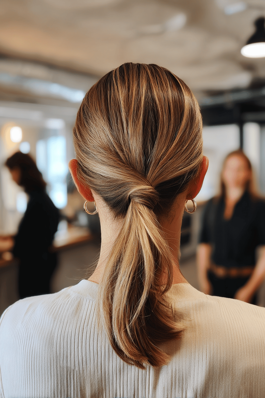 Ansicht eines Pferdeschwanzes mit Twist von hinten, getragen von einer Person mit glattem Haar.
