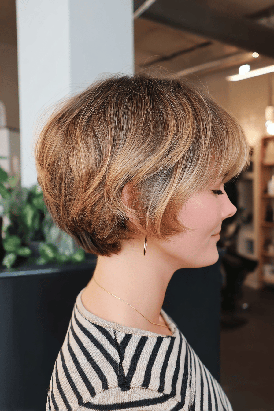 Seitenprofil einer Frau mit Pixie Bob Frisur und Pony.