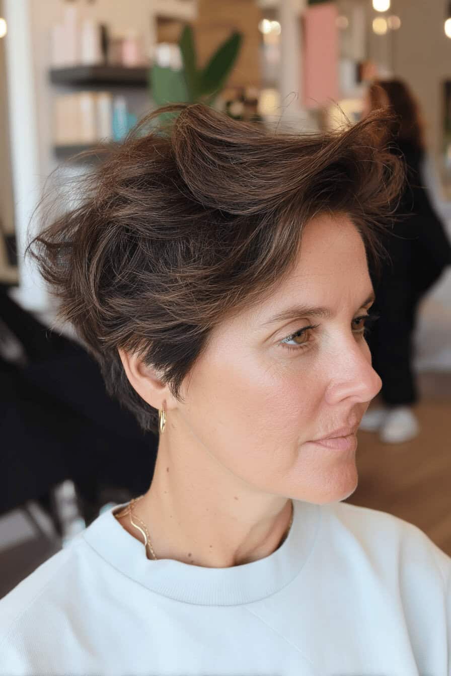 Frau mit kurzem, voluminösem Pixie Cut in Friseursalon.