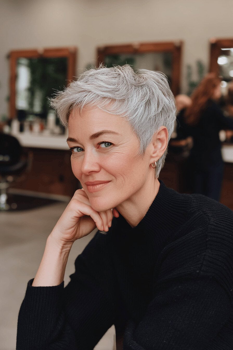 Frau mit kurzem, grauem Pixie Haarschnitt im Salon