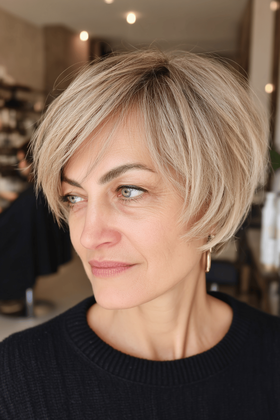 Näheraufnahme einer Frau mit Pixie-Bob-Frisur.