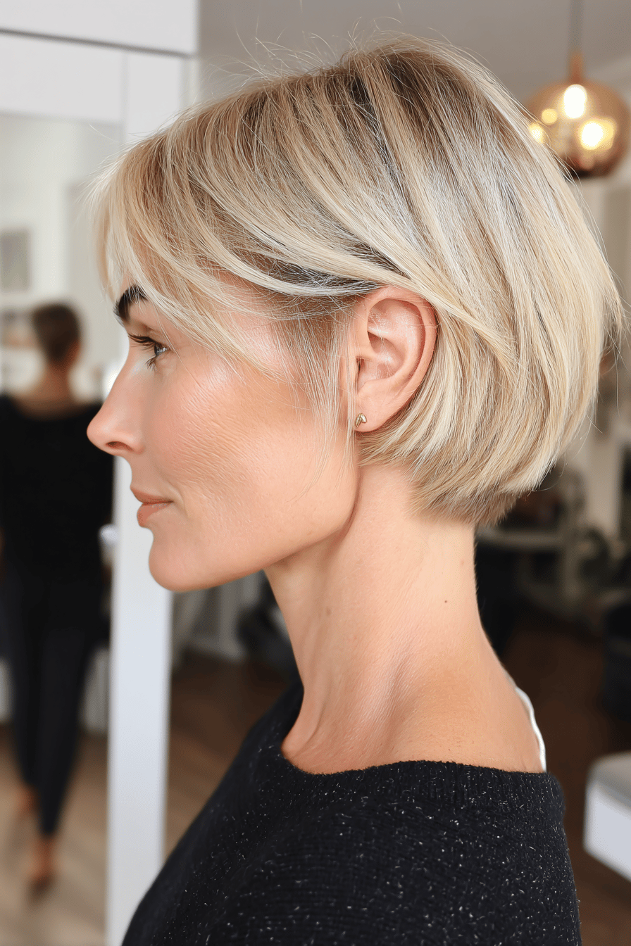 Nahaufnahme einer Frau mit blondem, kurzem Pixie-Bob-Haarschnitt.
