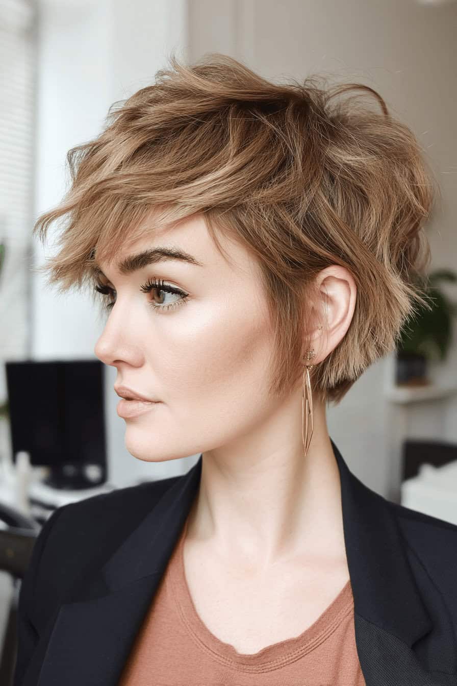 Frau mit einem frechen, kurzen Pixie-Bob in seitlicher Ansicht.