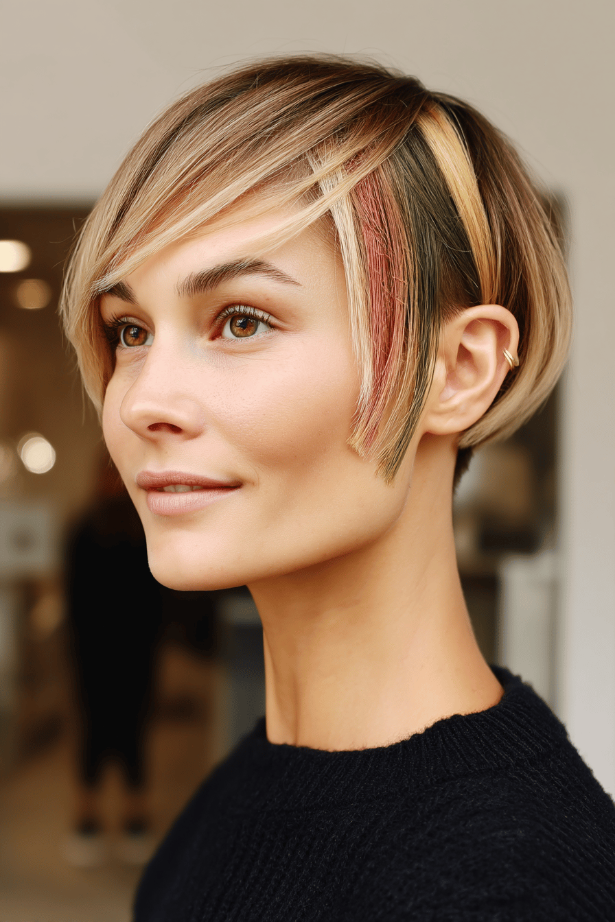 Seitliches Profil einer Frau mit Pixie Bob Frisur, undercut und blonden sowie farbigen Strähnen.