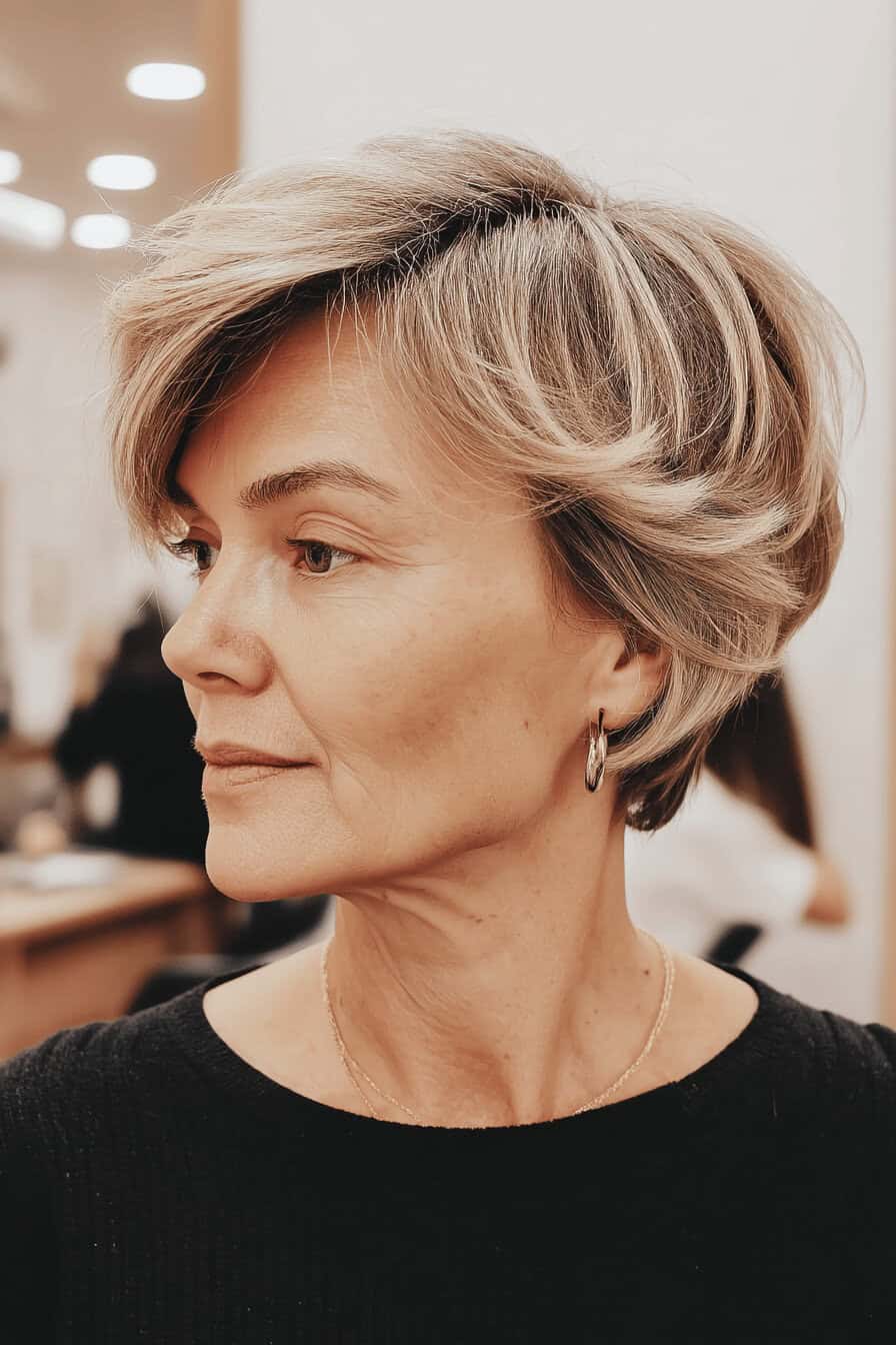 Frau mit einem voluminösen Pixie-Bob-Haarschnitt, ideal ab 50.