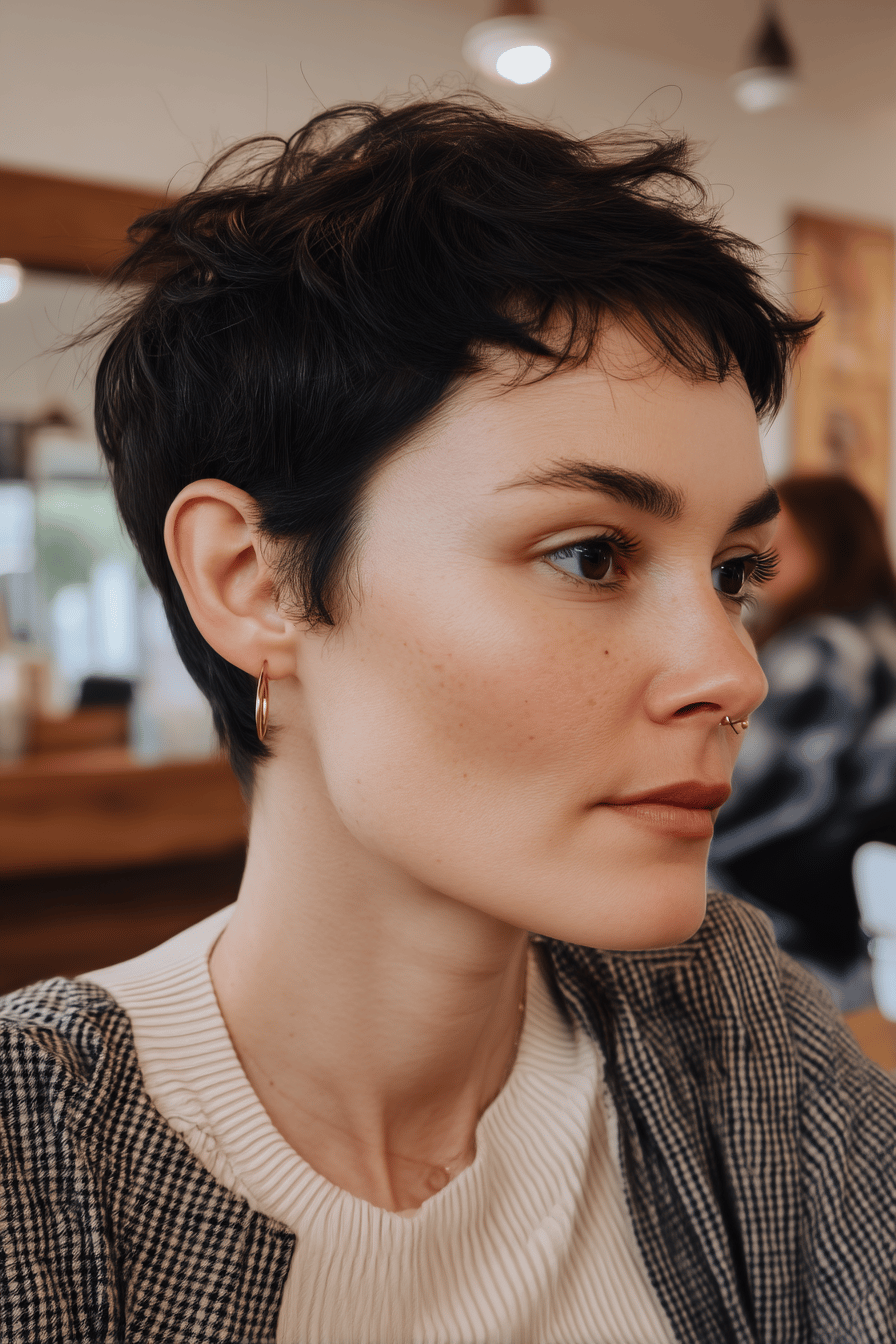 Nahaufnahme einer Frau mit modernem Pixie Cut.