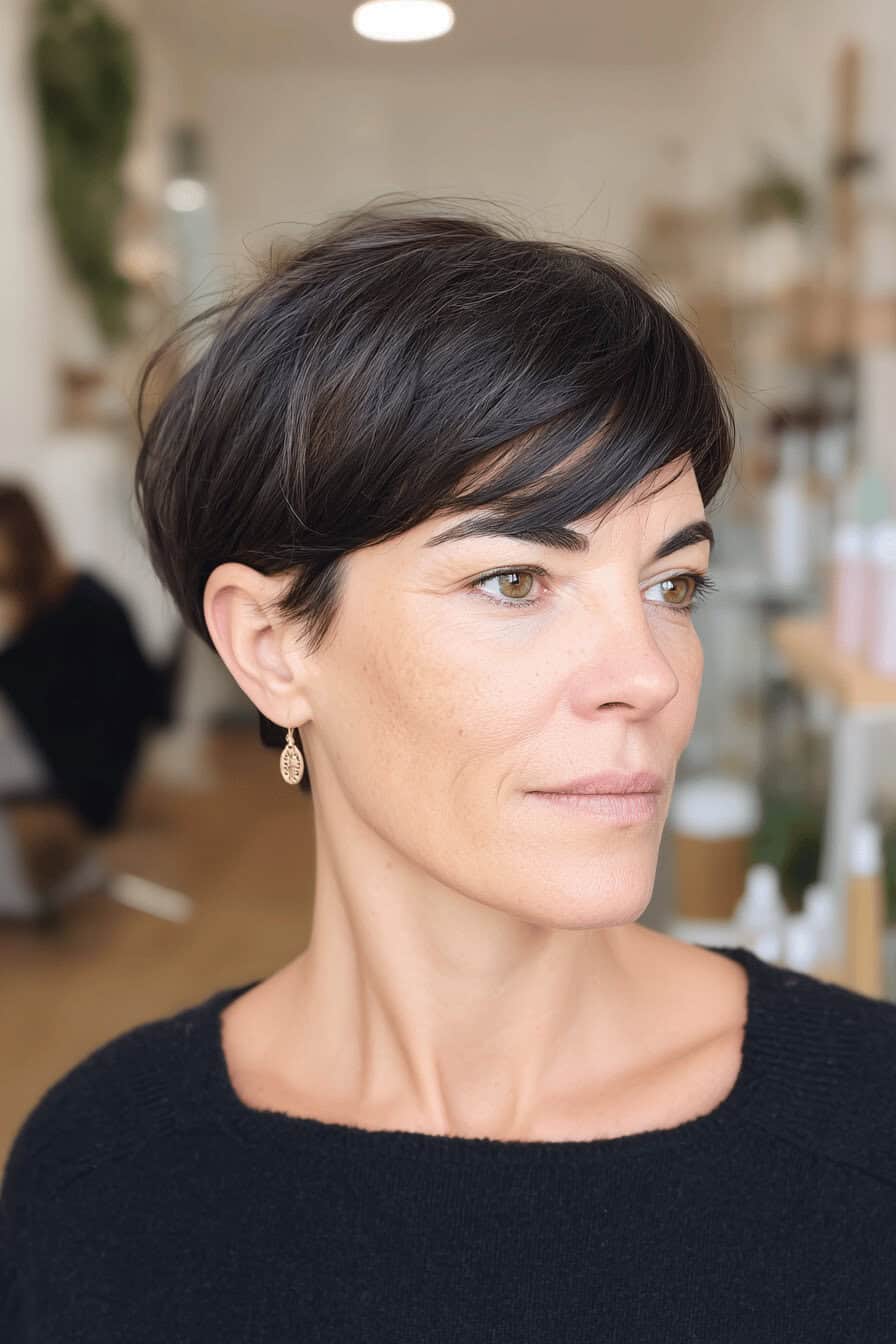 Frau mit Pixie Cut und seitlich geschwungenem Pony.