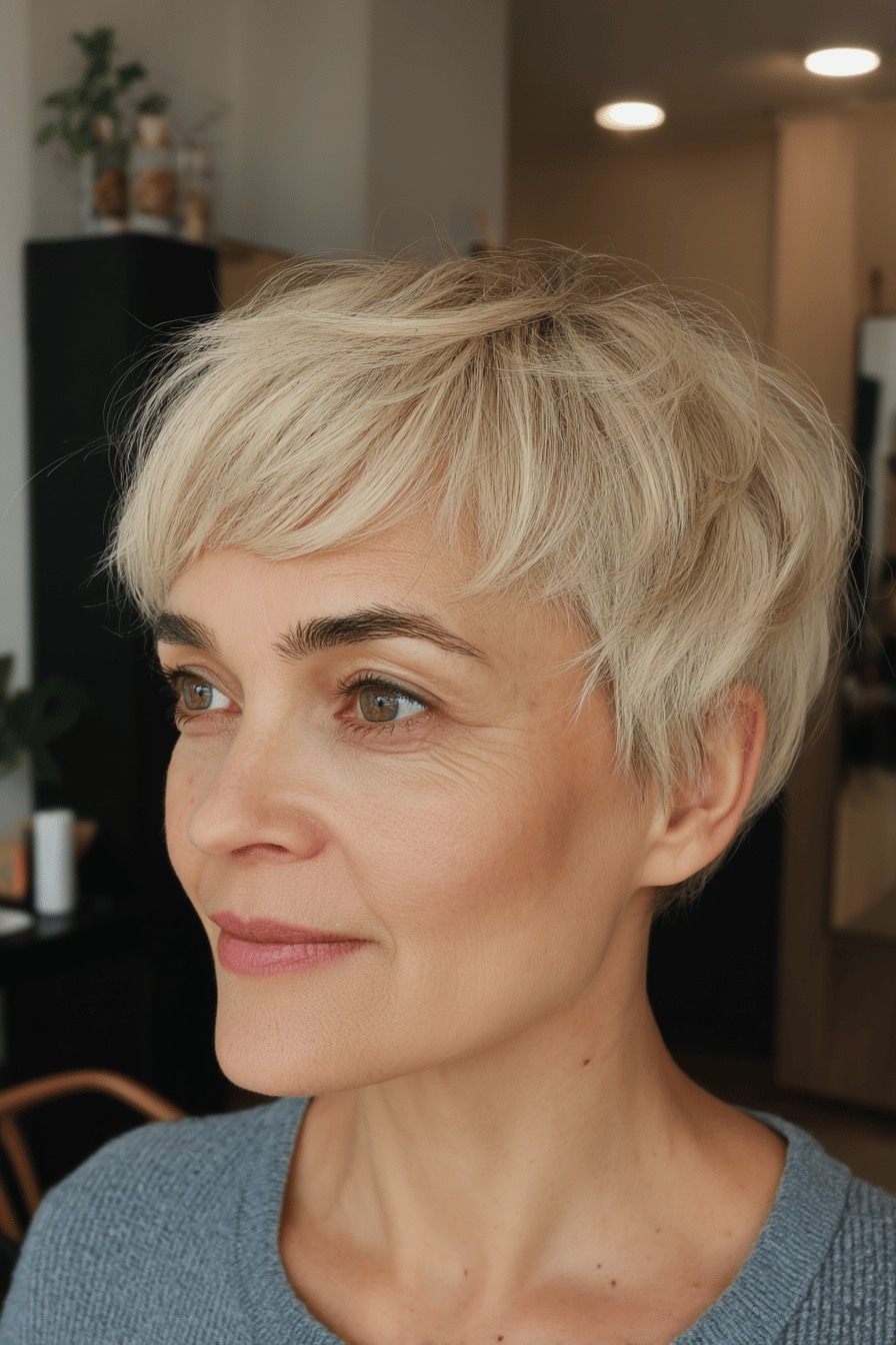 Frau mit einem blonden Pixie Shag Haarschnitt, im Profilansicht.