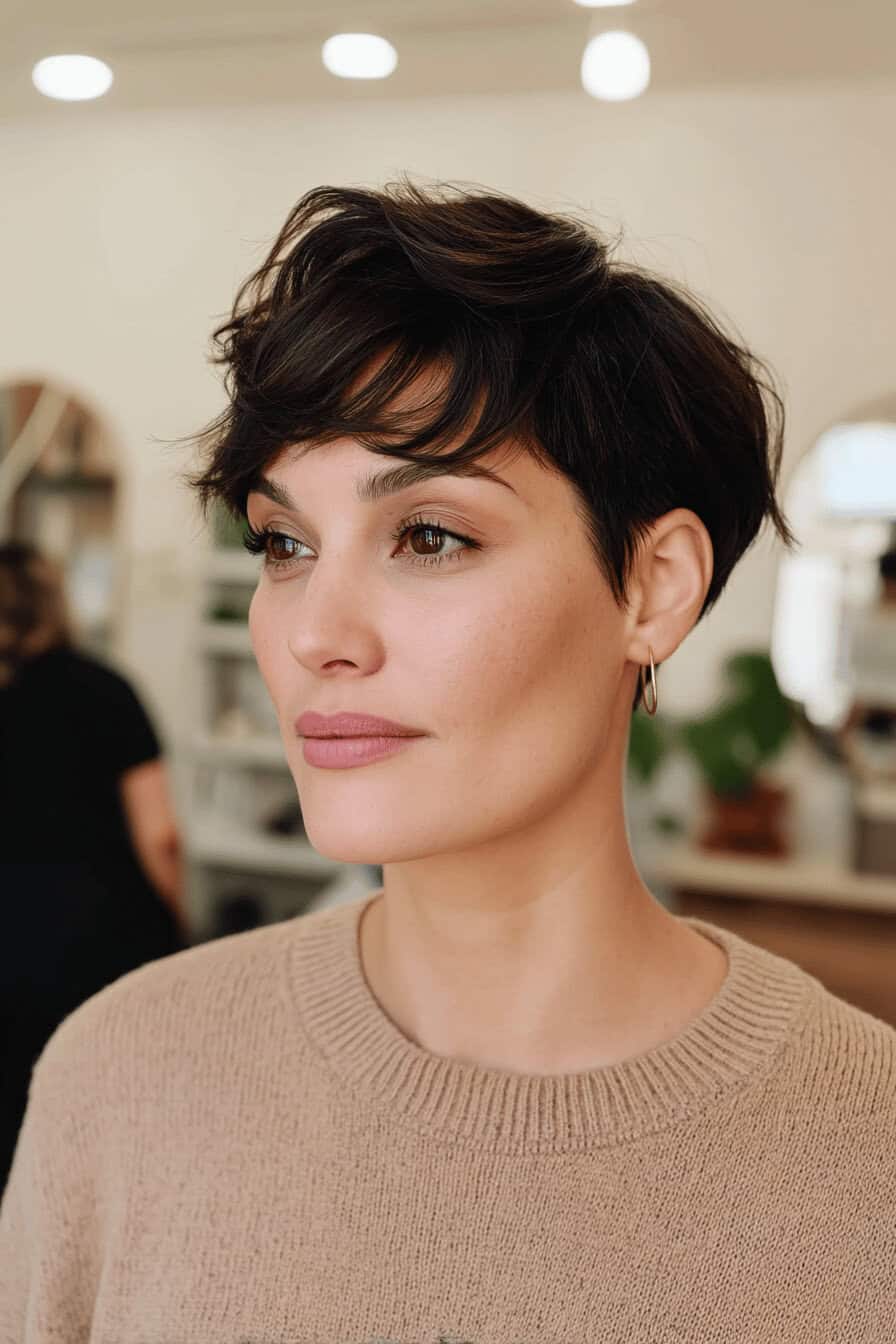 Eine Frau mit einem kurzen Pixie Shag Haarschnitt, der eine weiche Textur aufweist.