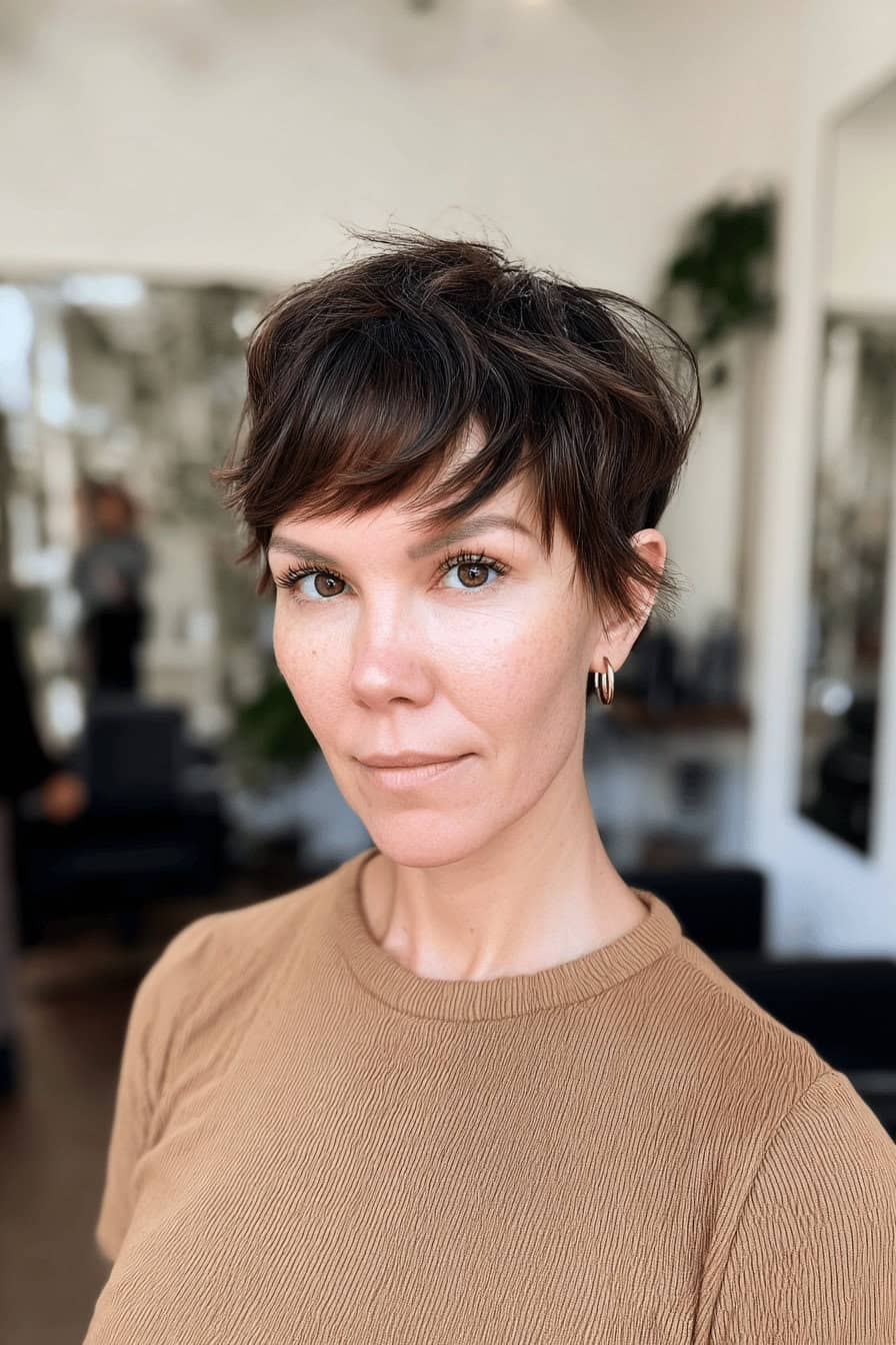 Frau mit kurzem, zerzaustem Pixie Shag Haarschnitt.