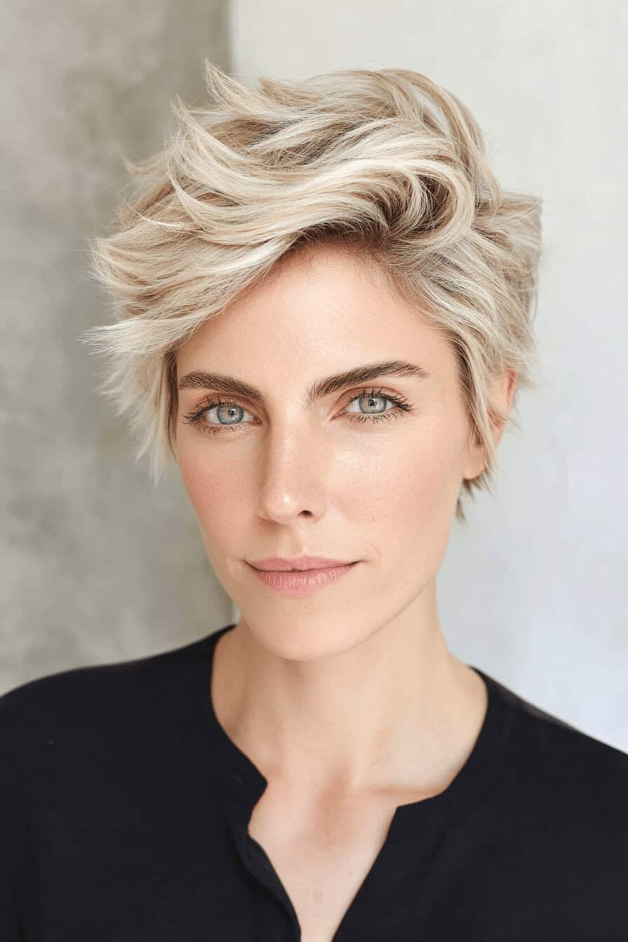 Eine Frau mit einem stylischen, voluminösen Pixie-Haarschnitt und Seitenscheitel.