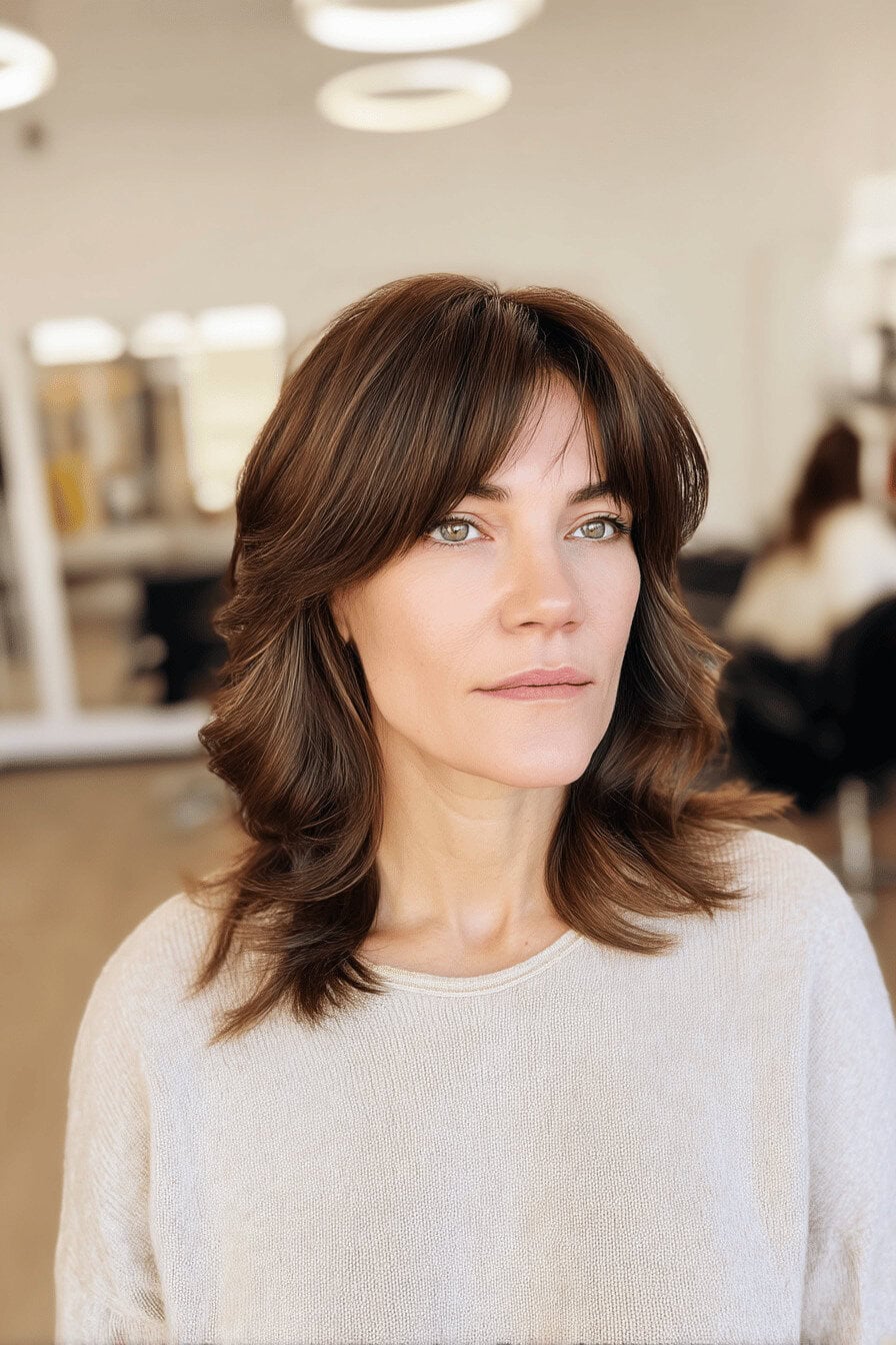 Frau mit schulterlangen Haaren und Pony in einem modernen Haarsalon.