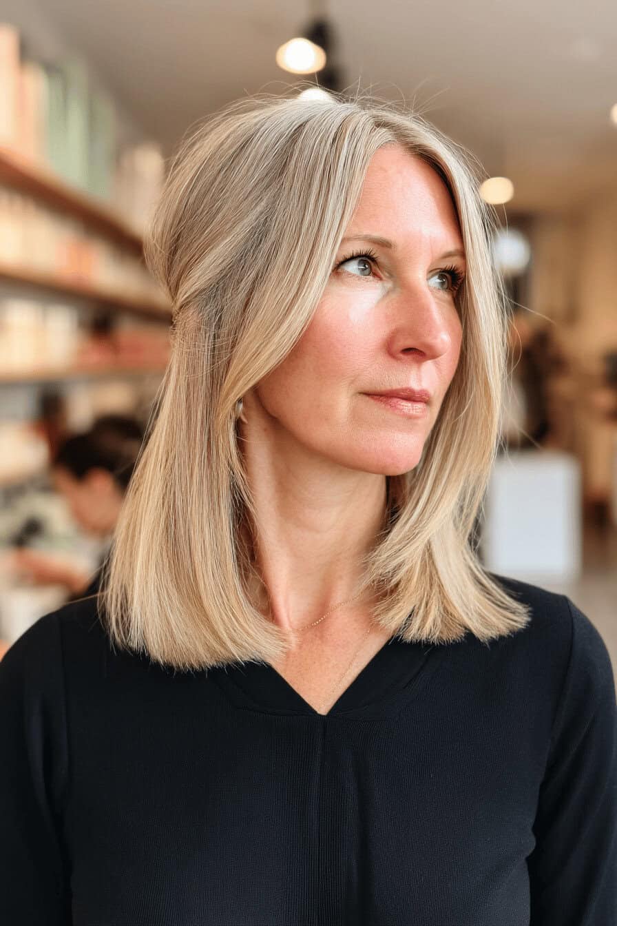 Frau mit mittellanger, blonder Ponyfrisur in einem modernen Salon.