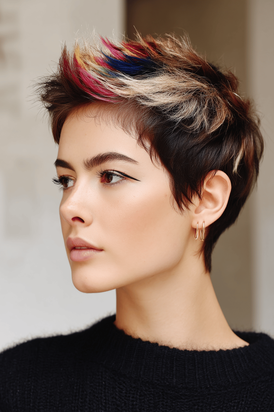 Frau mit kurzem, mehrfarbig gestyltem Pixie Bob und punkigem Make-up.