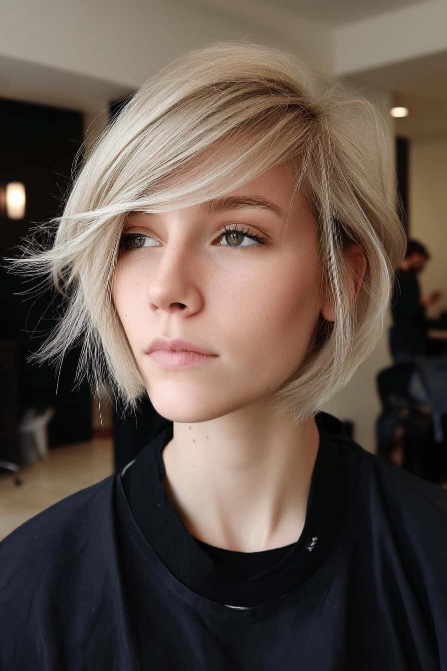 Kurzer Bob in Platinblond mit seitlichem Pony und stylischer Struktur.