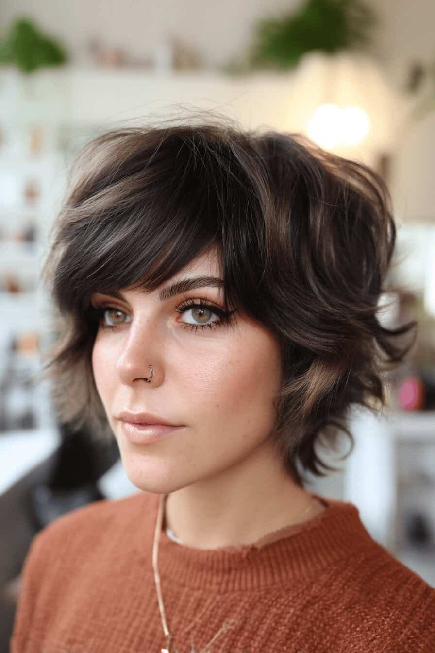 Frau mit Shaggy Frisur, inspiriert aus den 70ern.