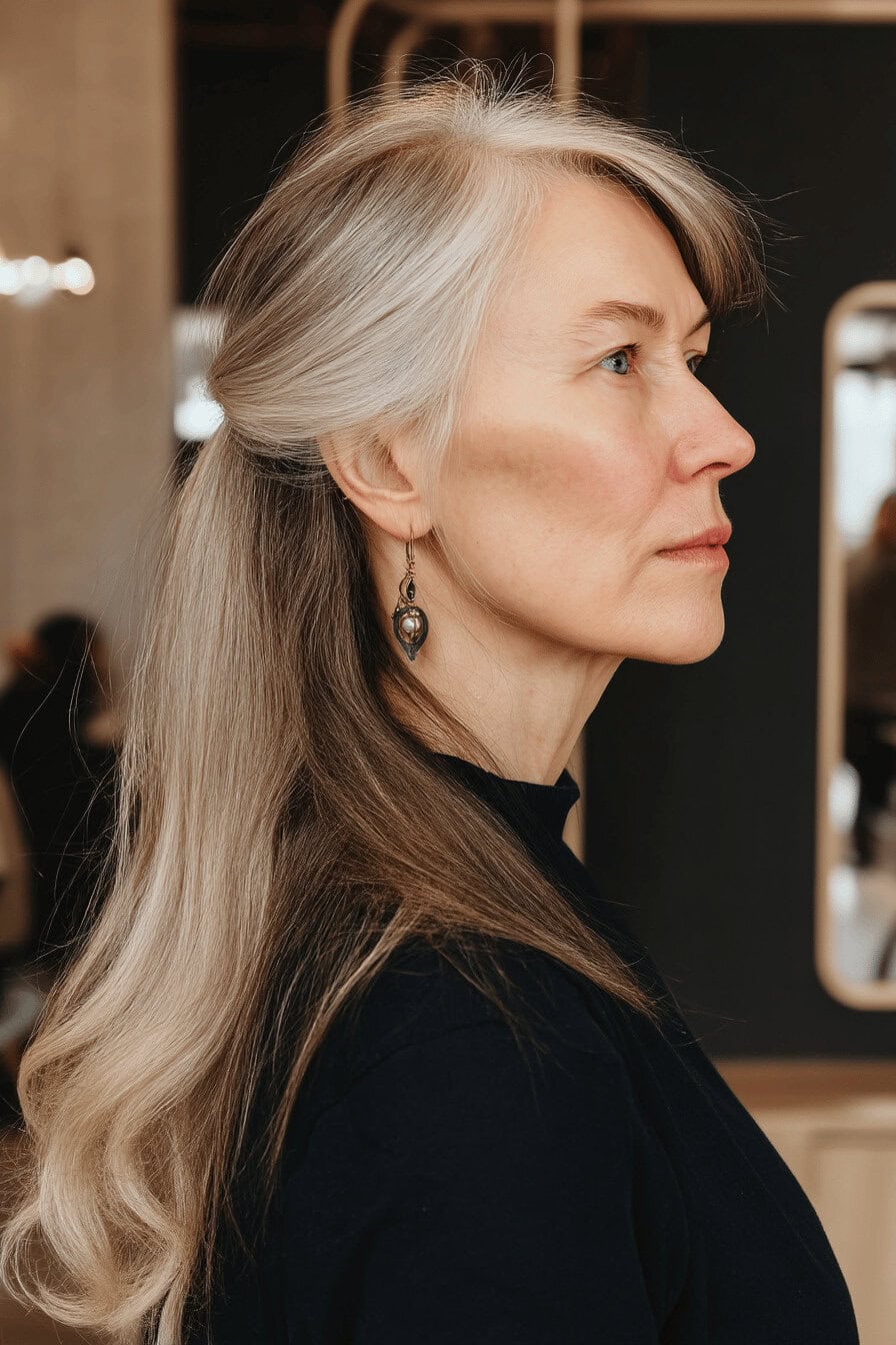 Profil einer Frau mit langen, teilweise hochgesteckten grauen Haaren.