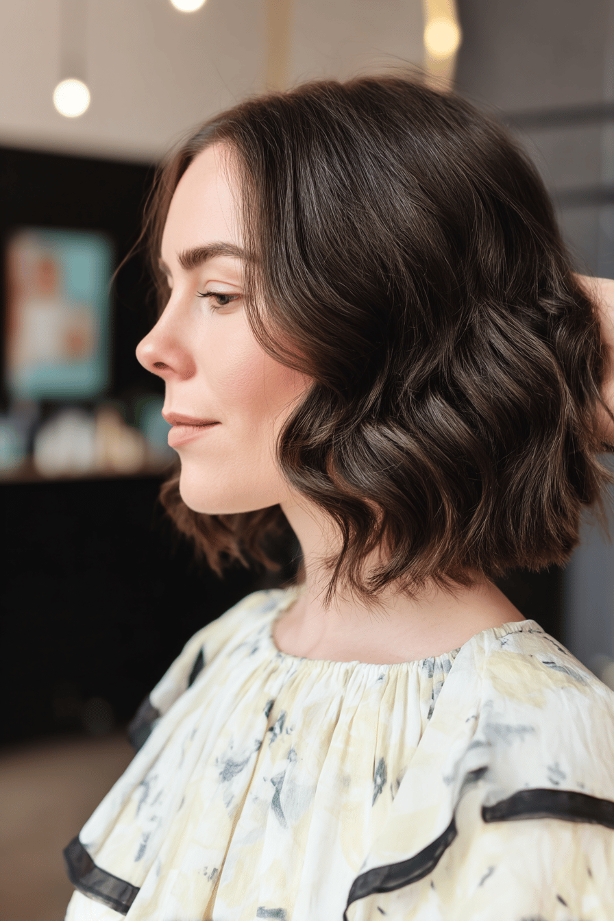 Frau mit halblangen, gestuften Haaren im Retro-Stil.