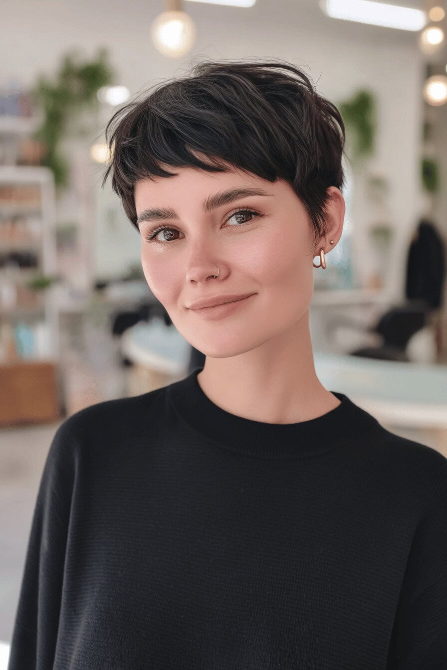 Eine Frau mit einem kurzen, stilvollen Haarschnitt im Rockabilly Stile.