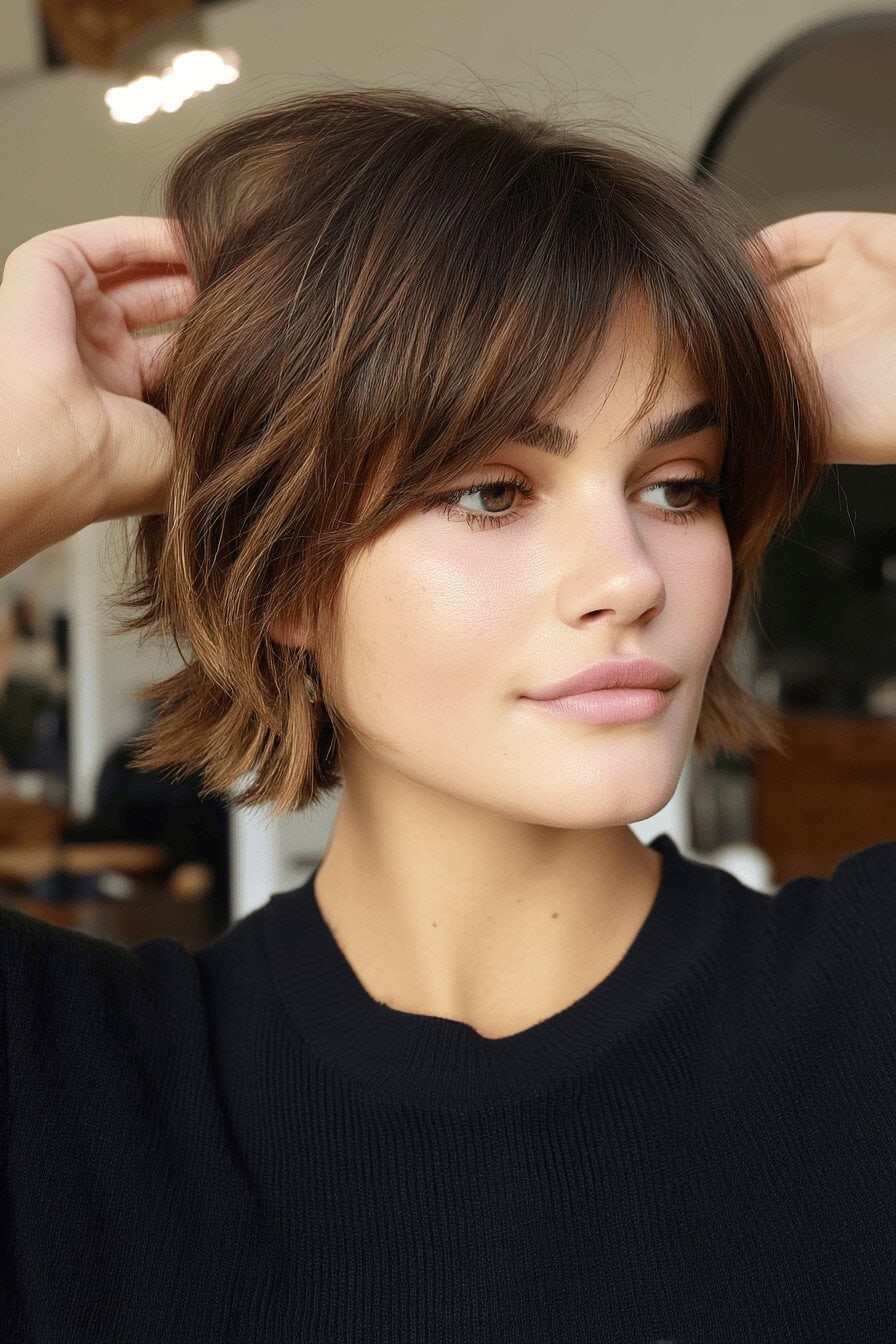 Eine Frau mit modernen, kürzeren Shaggy-Frisuren, die Volumen und Textur zeigen.