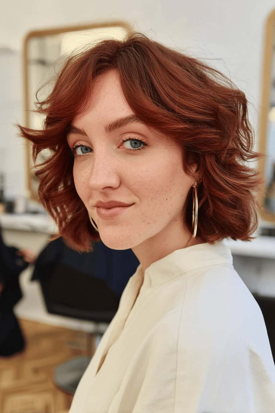 Frau mit mittellangem, welligem, roten Haar und großen Ohrringen.