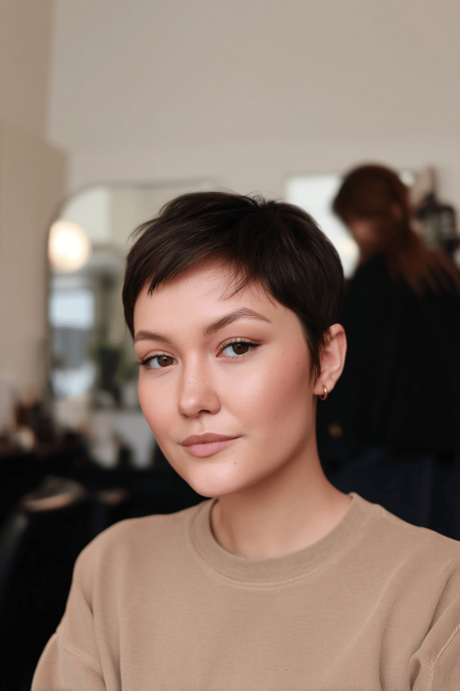Nahaufnahme einer Frau mit einem runden Pixie-Kurzhaarschnitt in einem Salon.