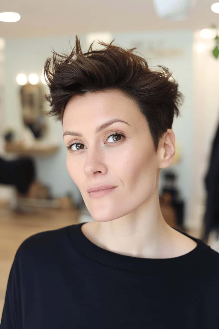 Frau mit einem stacheligen, kurzen Haarschnitt in einem modernen Salon.