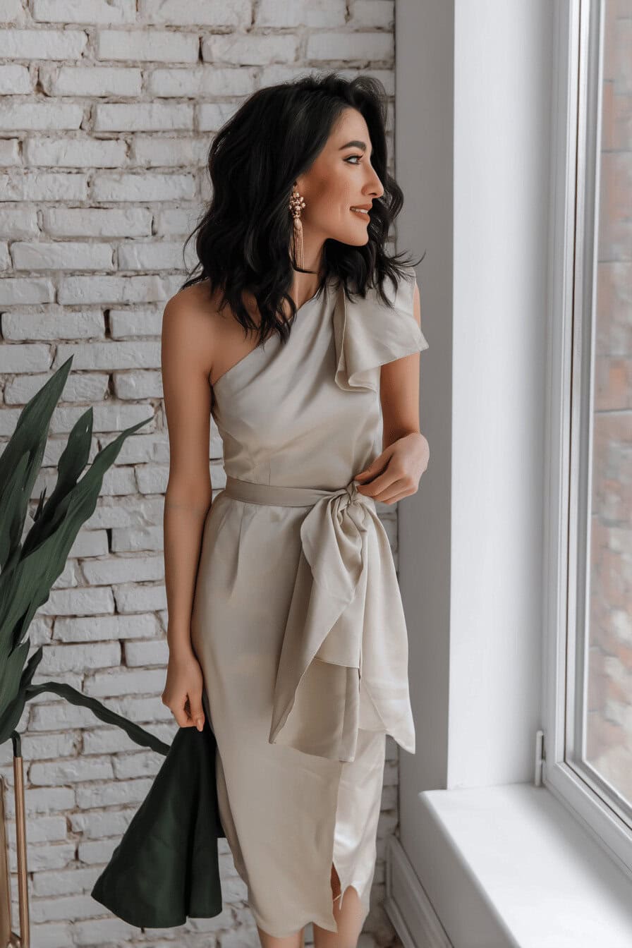 Eine Frau in einem eleganten One-Shoulder-Satinkleid, die lächelnd aus einem Fenster schaut.