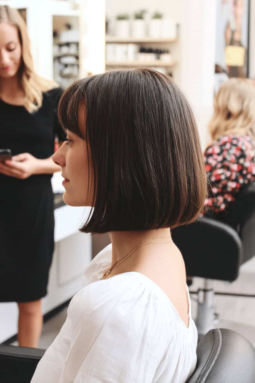 Seitenprofil einer Frau mit schlichtem Bob und rundem Pony im Friseursalon.