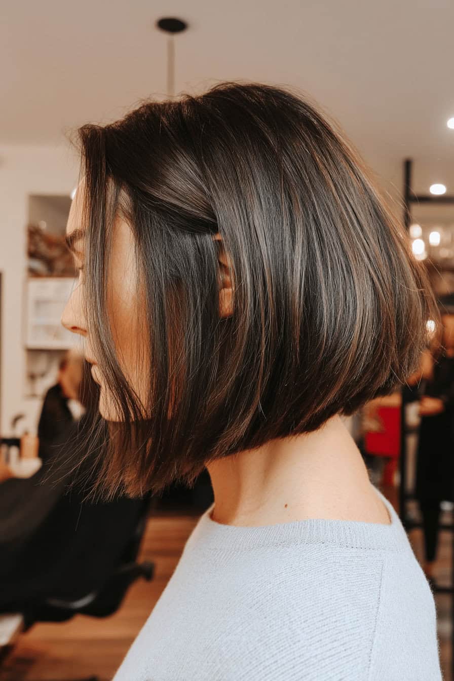 Seitliche Ansicht eines schulterlangen, umgekehrten Bob-Haarschnitts.