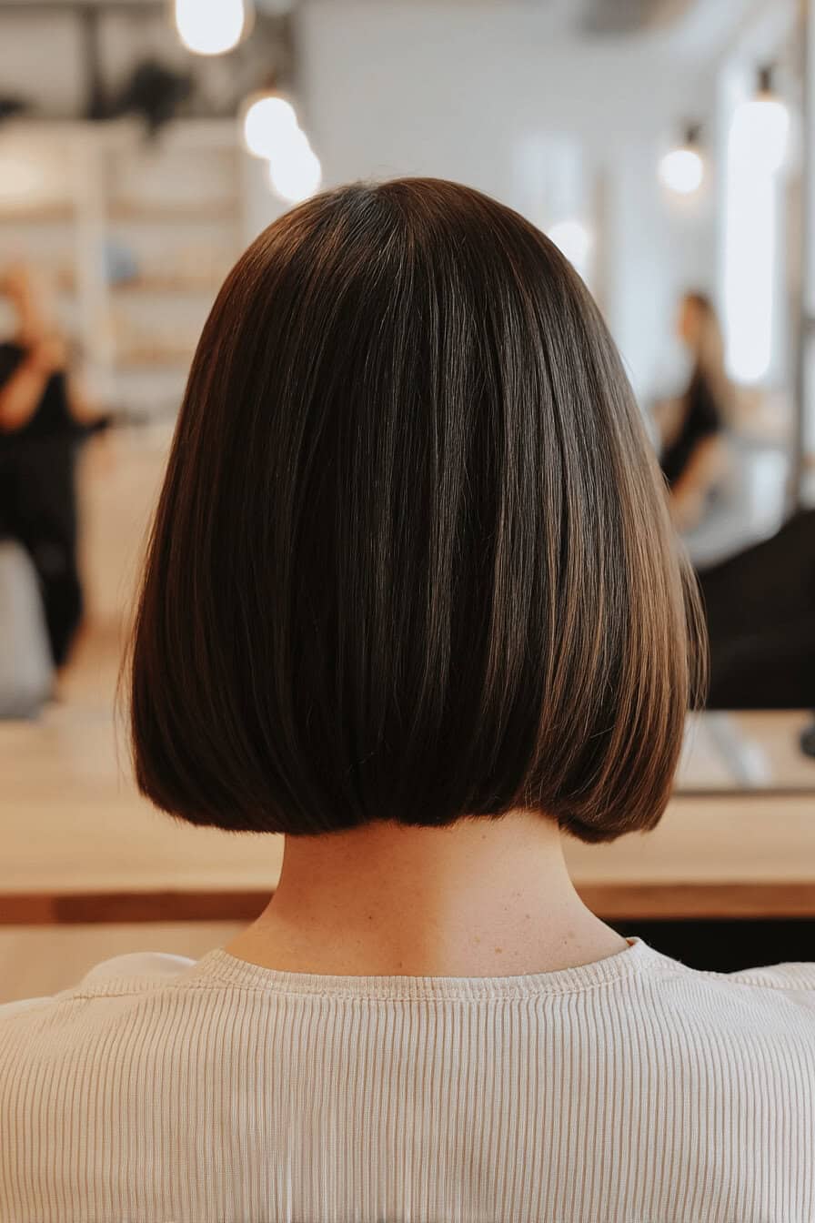 Rückansicht einer schulterlangen, glatten Bob-Frisur in einem modernen Salon.