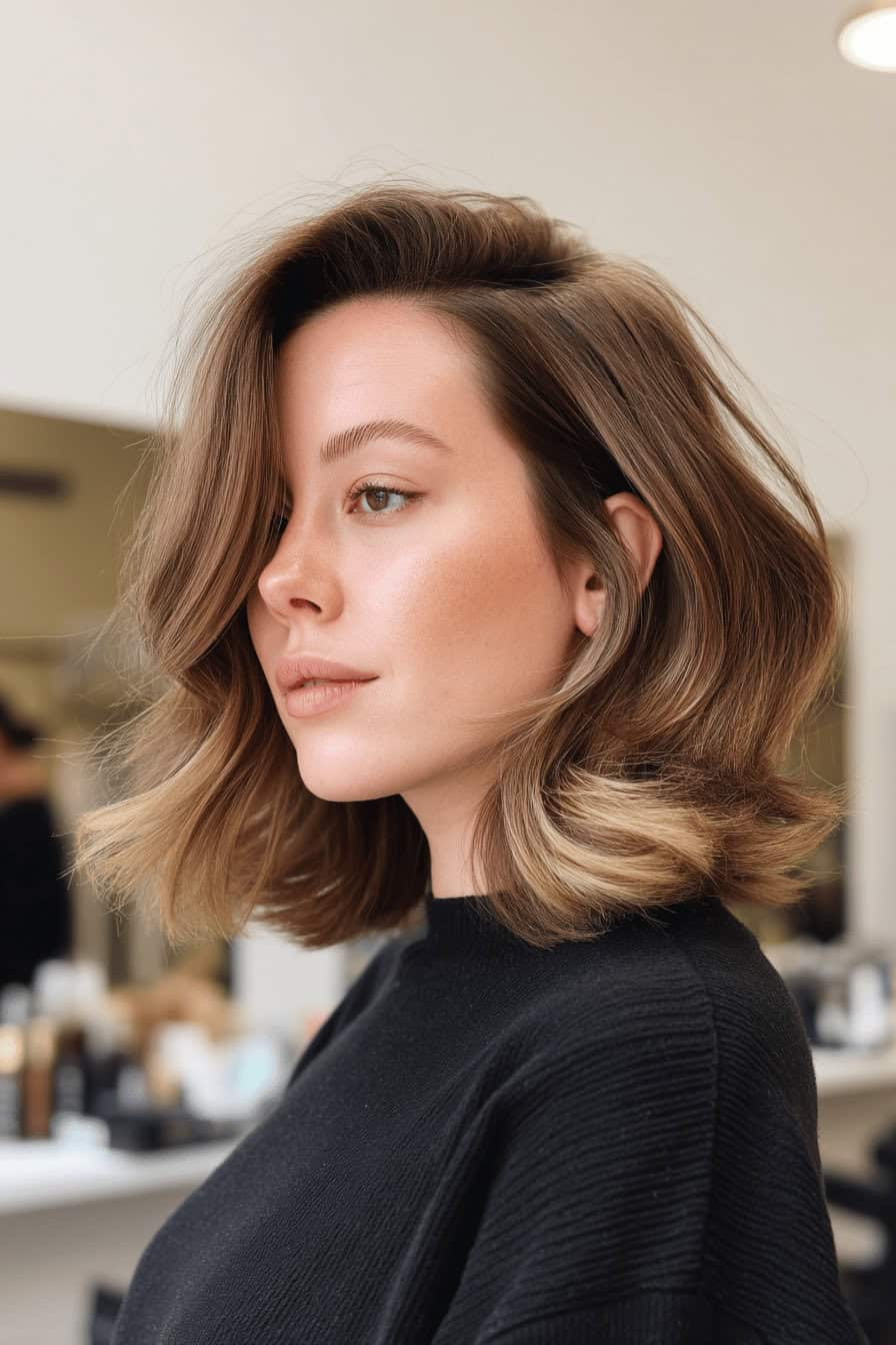 Seitenansicht einer Frau mit schulterlangem Bob und sanften Wellen.