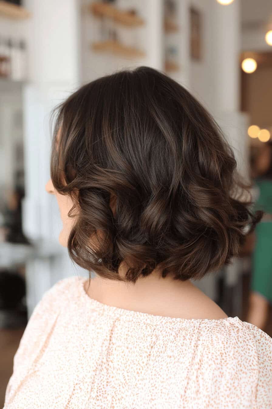 Schulterlanger, welliger Bob mit dunklem Haar in einem Salon.