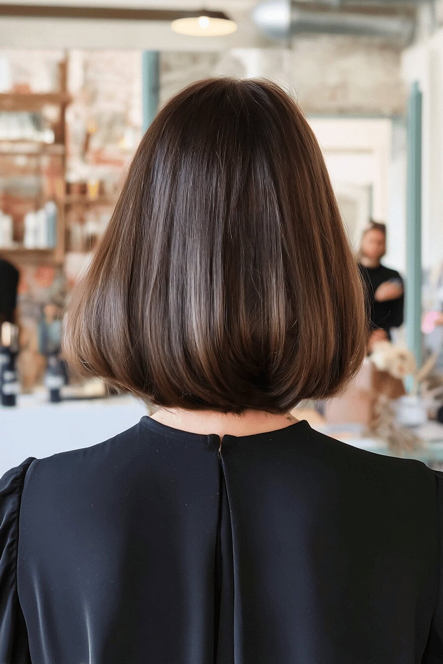 Eine Frau mit einem schulterlangen, glatten Bob, der von hinten aufgenommen wurde.