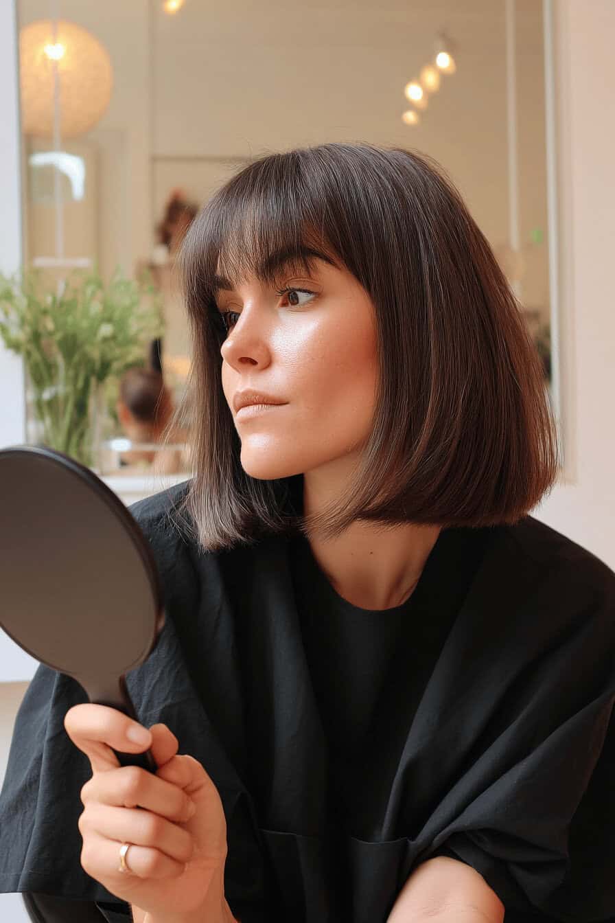 Frau mit schulterlangem Bob und Pony betrachtet sich im Handspiegel.