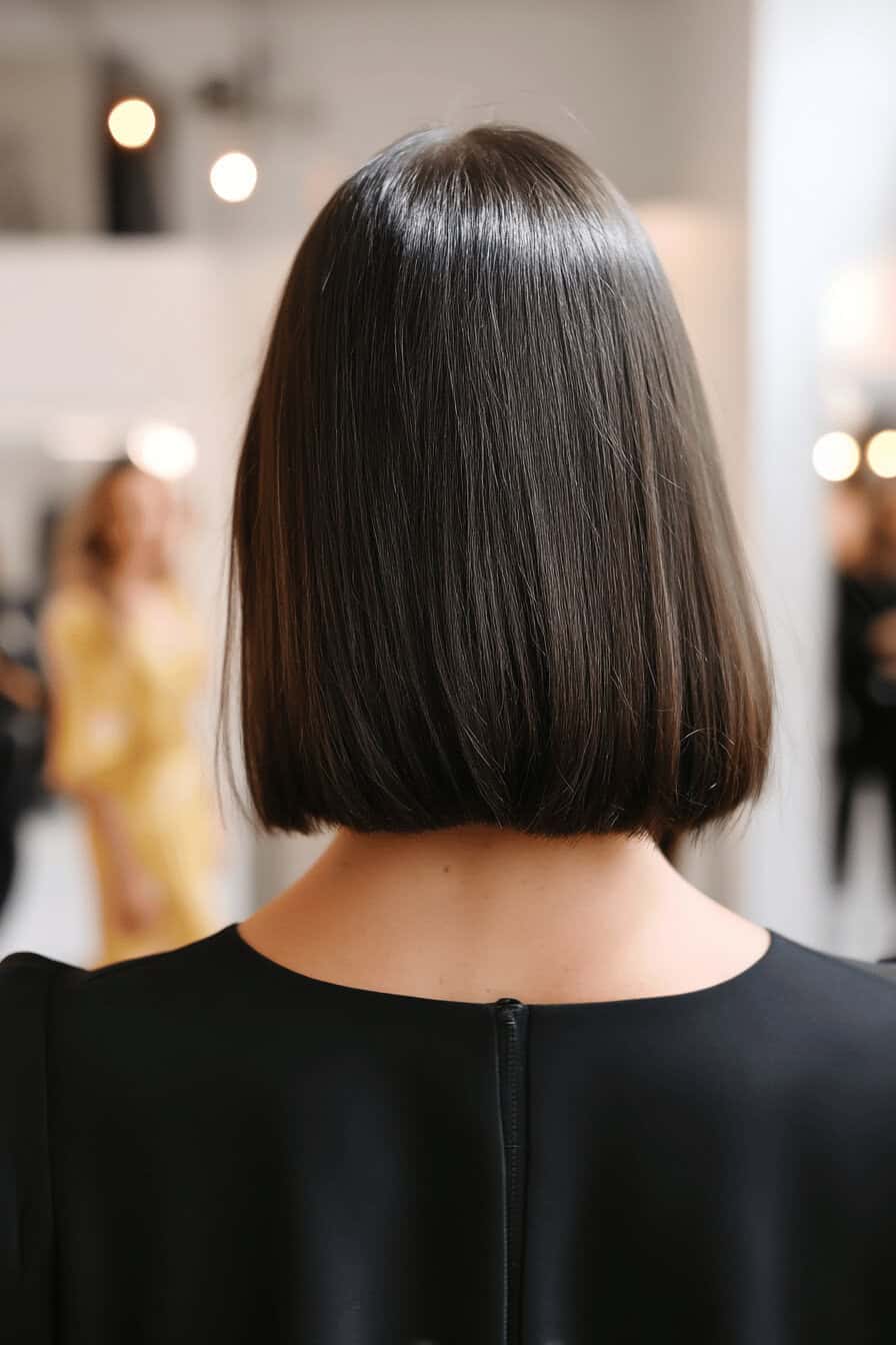 Rückansicht einer Frau mit einem glatten, schulterlangen Bob-Haarschnitt.