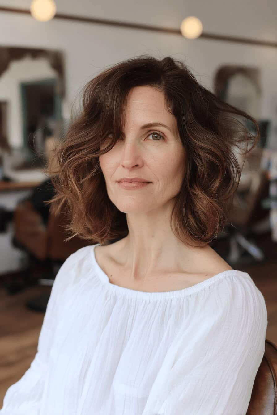 Frau mit schulterlangen, welligen Haaren in einem Salon.