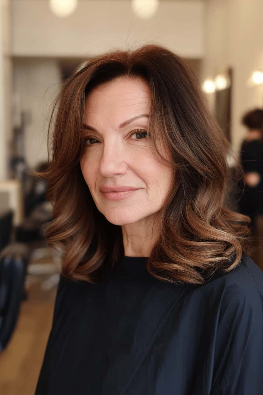 Frau mit schulterlangem Haar und sanften Locken im Friseursalon.