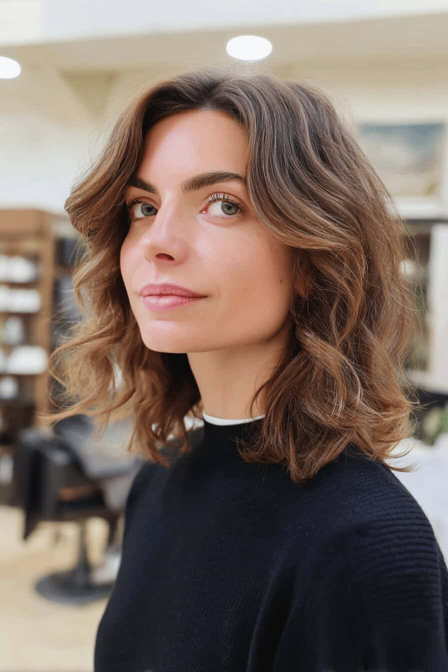 Frau mit schulterlangen, welligen Haaren in einem Salon.