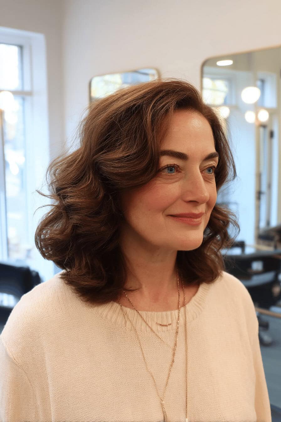 Frau mit schulterlangen, lockigen Haaren in einem Salon.