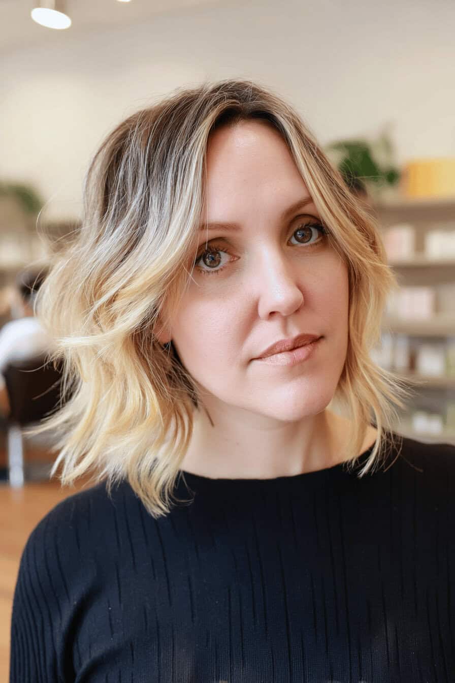 Frau mit schulterlangen, welligen Haaren und Seitenscheitel.