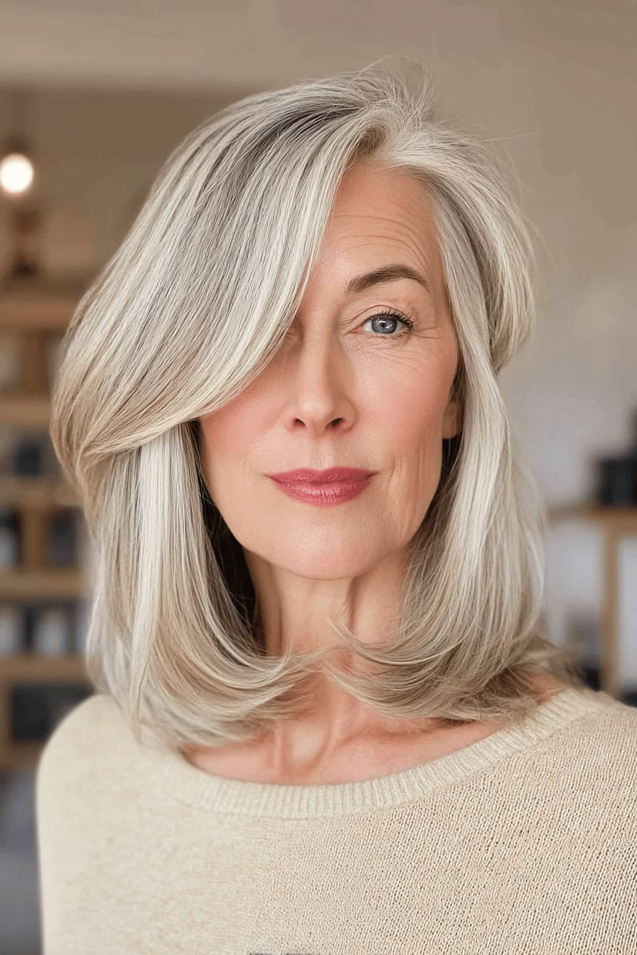 Frau mit schulterlangem, grauem Haar, glattes Styling.