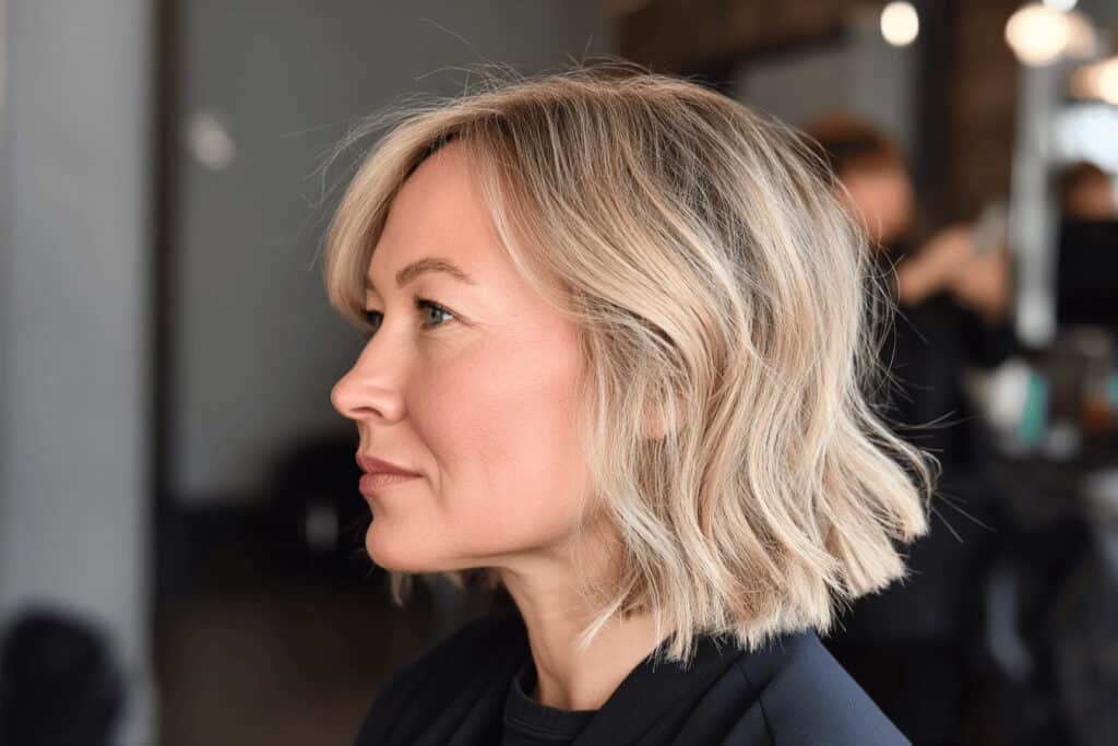Frau mit blonden welligen Haaren im Profil