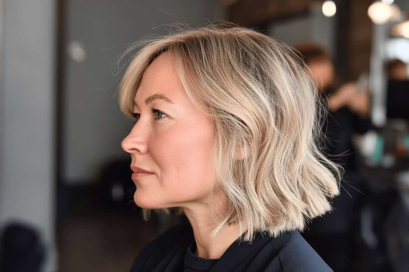 Frau mit blonden welligen Haaren im Profil