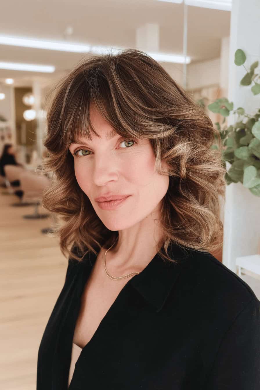 Frau mit schulterlangen, welligen Haaren in einem modernen Friseursalon.