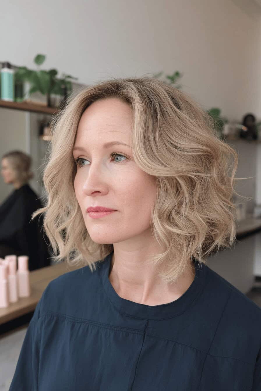 Frau mit schulterlangen, welligen, blonden Haaren in einem modernen Salon.