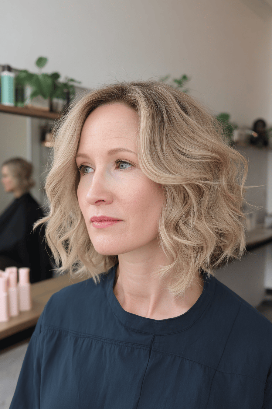 Frau mit schulterlangen, welligen, blonden Haaren in einem modernen Salon.