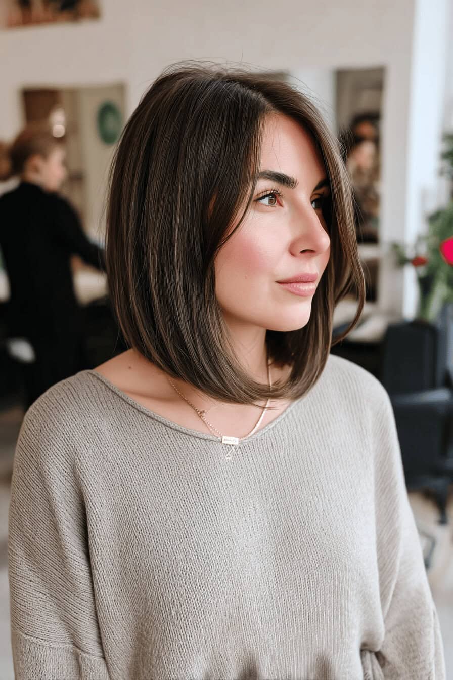 Eine Frau mit braunem, schulterlangem Bob in einem hellen Pullover.